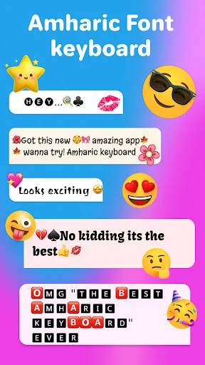 Amharic Font keyboard interface displaying colorful text messages with emojis and Amharic character input panel
