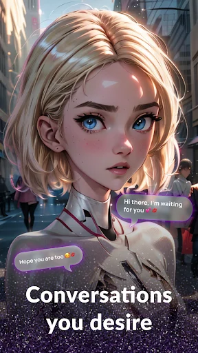 Amor AI conversation interface with blonde anime character displaying chat bubbles saying 'Hi there, I'm waiting for you' and 'Hope you are fine'