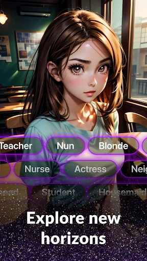Amor AI character customization screen featuring brunette anime girl with role selection buttons: Teacher, Nun, Blonde, Nurse, Actress