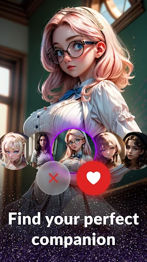 Amor AI companion matching interface with pink-haired anime character wearing glasses and heart/X selection buttons below