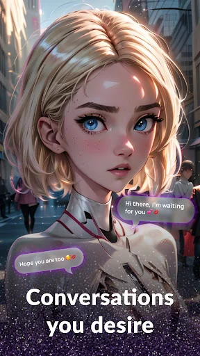 Amor AI conversation interface with blonde anime character displaying chat bubbles saying 'Hi there, I'm waiting for you' and 'Hope you are fine'