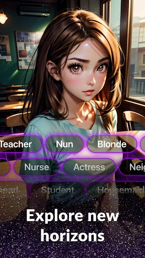 Amor AI character customization screen featuring brunette anime girl with role selection buttons: Teacher, Nun, Blonde, Nurse, Actress