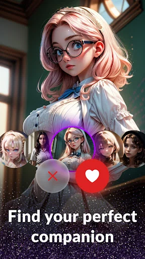 Amor AI companion matching interface with pink-haired anime character wearing glasses and heart/X selection buttons below