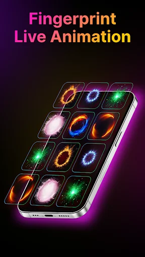 3x4 grid of colorful neon fingerprint live animations with glowing effects displayed on mobile phone screen