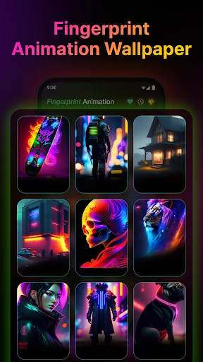 3x3 grid of animated character wallpapers with neon fingerprint effects available for lock screen customization
