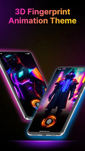 3D Fingerprint Animation Theme with neon glowing pink, blue, and orange fingerprint effects on two stylized smartphones