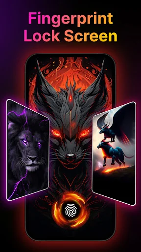 Fingerprint Lock Screen customizable themes featuring lion, demon, and action designs with glowing fingerprint scanner
