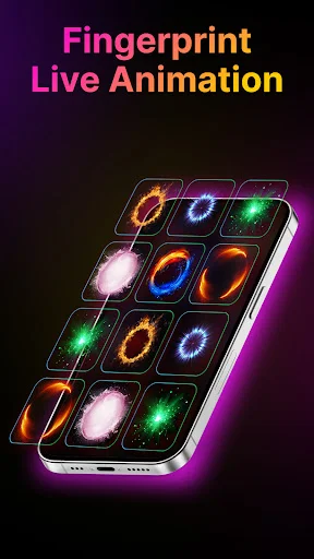 Fingerprint Live Animation grid showing colorful neon fingerprint effects in orange, blue, green, and pink options