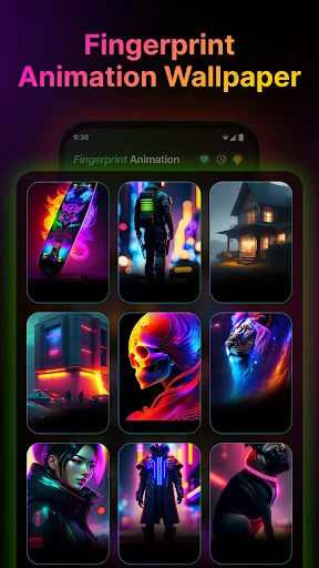 Fingerprint Animation Wallpaper gallery displaying nine cyberpunk-themed neon fingerprint animation wallpaper designs