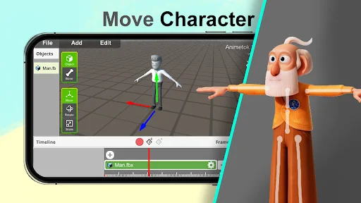 3D animation editor showing character pose control with skeleton view on left and orange 3D character model on right