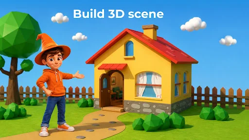 Build custom 3D animated scenes with houses, trees, clouds, and environments