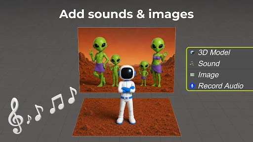 Add sounds, images, and record audio to enhance 3D character animations