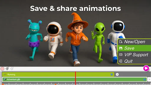 Save and share completed 3D character animations with file management options