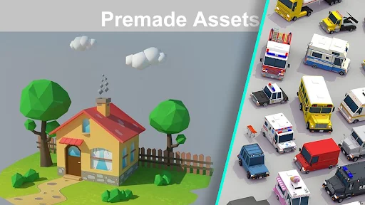 Premade 3D assets library featuring environment scenes with house and trees on left, and vehicles collection on right