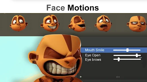 Facial expression editor with character emotion options and animated sliders for mouth, eyes, and eyebrows control