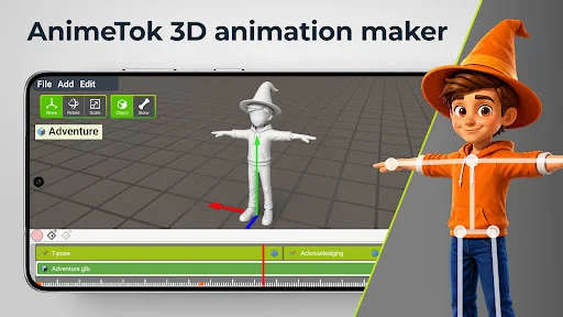 AnimeTok 3D animation maker main interface with wizard character animation and editing timeline