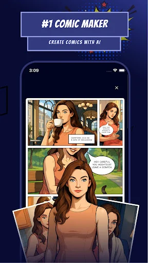 Arcstory comic maker interface showing AI-generated comic panels with character dialogue in comic strips