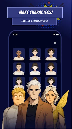 Character creation tool displaying customizable AI characters with endless combination options for comics