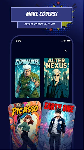 Comic book cover creator making AI-designed covers with custom character artwork and titles