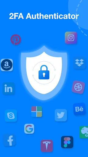 2FA Authenticator hero screen showing security lock shield with logos of Instagram, Amazon, LinkedIn, and other supported apps