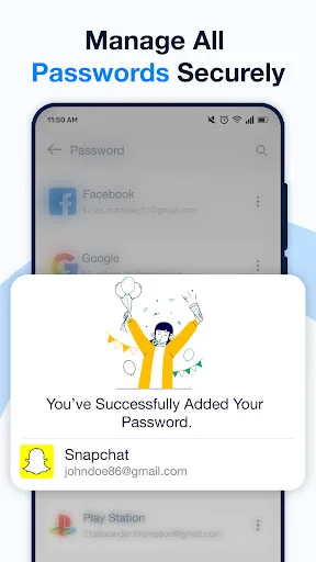 Success confirmation message after adding Snapchat account to authenticator app's secure password management feature
