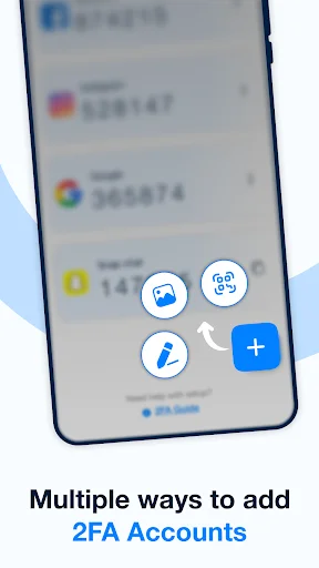 Multiple methods to add 2FA accounts in authenticator: scan QR code, manual entry, contact import, or quick add features