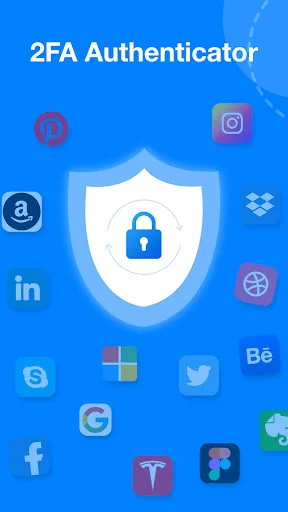 2FA Authenticator app hero screen with blue shield lock icon and social media service logos for secure account access