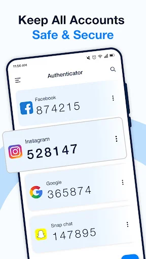 Authenticator app displaying stored accounts including Facebook, Instagram, Google, Snapchat with two-factor authentication codes