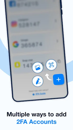 Mobile phone interface showing four methods to add 2FA accounts: QR code scan, contacts import, info, and direct addition