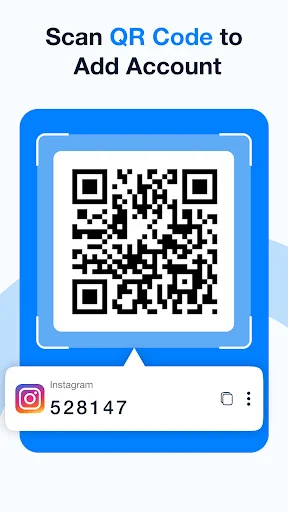 QR code scanner interface with large scannable code and Instagram account preview for adding new authenticator accounts