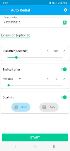 Auto Redial app main screen with phone number input field, dial delay slider set to 806 seconds, auto end call timer set to 10 minutes, and dual SIM selection between Wand and iPhone before starting automatic redial