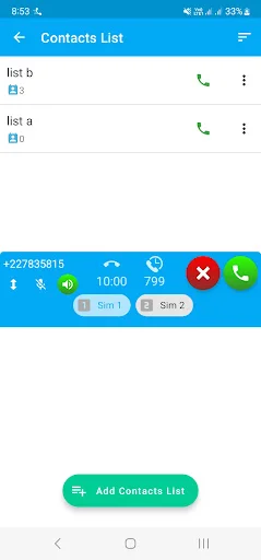 Contacts List screen displaying saved contact lists with active call interface showing phone number, 10:00 call duration, Sim 1 and Sim 2 selection buttons, and call control options including end call button