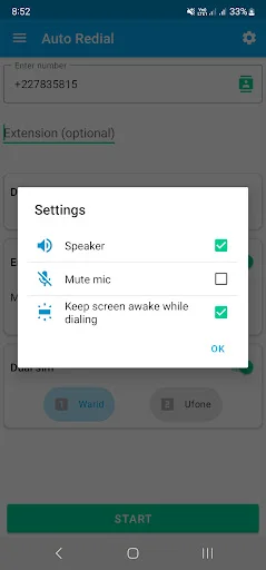 Auto Redial Settings dialog with three toggle options: Speaker enabled, Mute mic disabled, and Keep screen awake while dialing enabled, with OK button to confirm settings