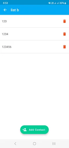 Contact list b details screen displaying three phone numbers (123, 1234, 123455) with individual delete buttons and green Add Contact button to include more numbers in the redial list