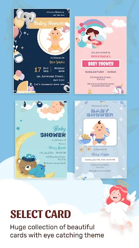 Gallery of 4 baby shower invitation card templates with colorful themes and cute animal illustrations