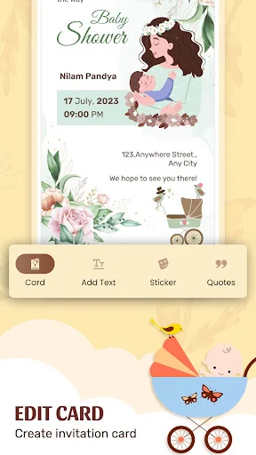 Baby shower invitation card editor with mother and baby template, customizable text, date, and formatting options
