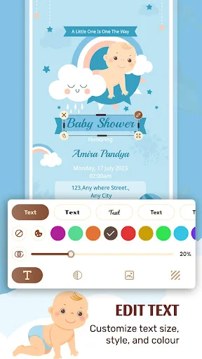 Baby shower card design with baby and clouds, text editing tools, color palette, and customization options