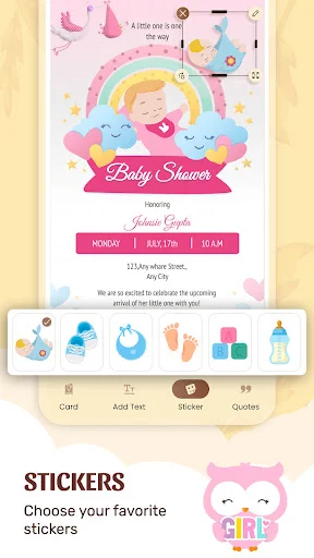 Baby shower invitation with rainbow clouds theme, event details, and sticker selection panel for decorations