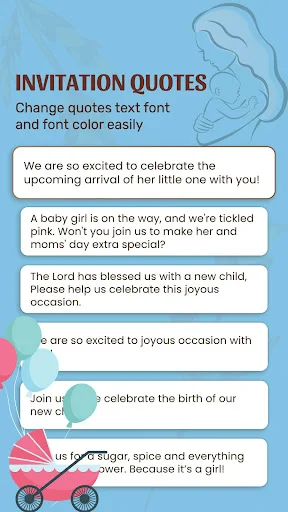 Invitation quotes screen with pre-written baby shower messages and font customization options