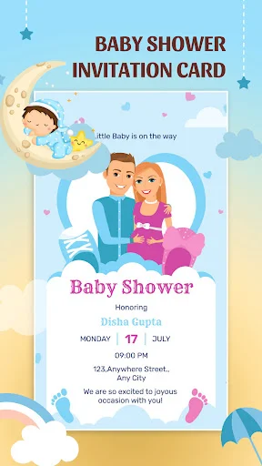Baby shower invitation card template with parents and sleeping baby on moon, event date, and details