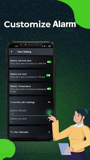 Customize Alarm settings screen with toggles for battery alert notifications including 100% full level, low battery, temperature alerts, and Try Alert Manually button