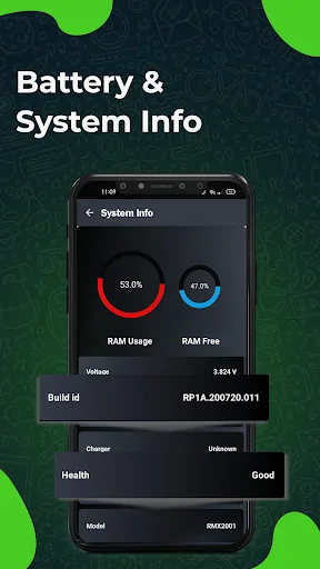 System Info screen showing RAM usage statistics with red and blue circular gauges, device build ID, charger information, health status marked as Good, and device model