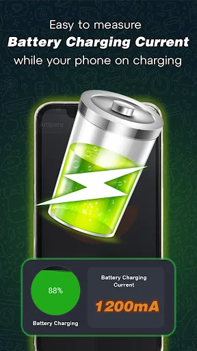 Battery Charging Current measurement screen displaying smartphone battery charging at 1200mA with 88% charge level and lightning bolt battery icon illustration