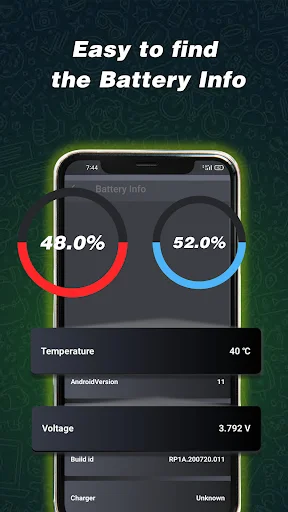Battery Info screen showing easy access to battery details including temperature 40°C, Android version 11, voltage 3.792V, build ID, and charger specifications
