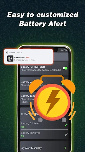 Customized Battery Alert settings screen featuring notification preview and alarm configurations with toggleable alerts and orange lightning bolt alert icon