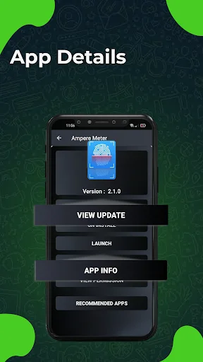 App Details screen for Ampere Meter version 2.1.0 showing View Update, Launch, App Info, and Recommended Apps buttons with app version information