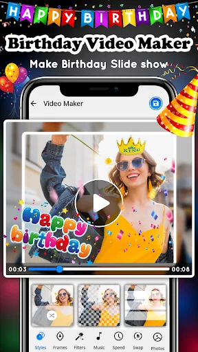 Birthday Video Maker app interface showing video editor with woman in yellow celebrating, featuring editing tools and timeline