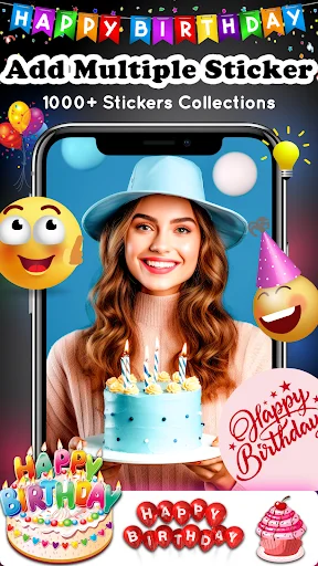 Birthday sticker collection featuring woman with cake, emoji faces and 1000+ stickers for video decoration and editing