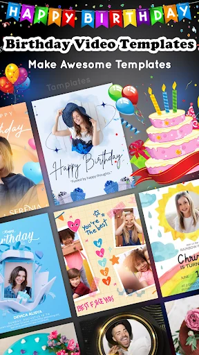 Video template gallery showcasing birthday celebration layouts with 'Make Awesome Templates' for custom video creation