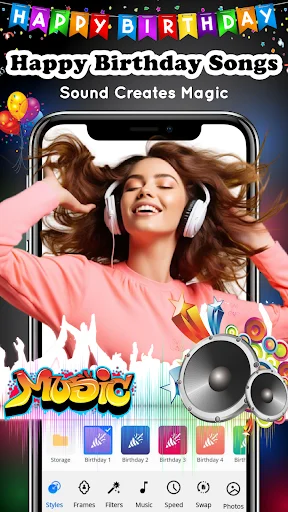 Birthday music editor showing woman with headphones and colorful audio interface for adding songs to celebration videos